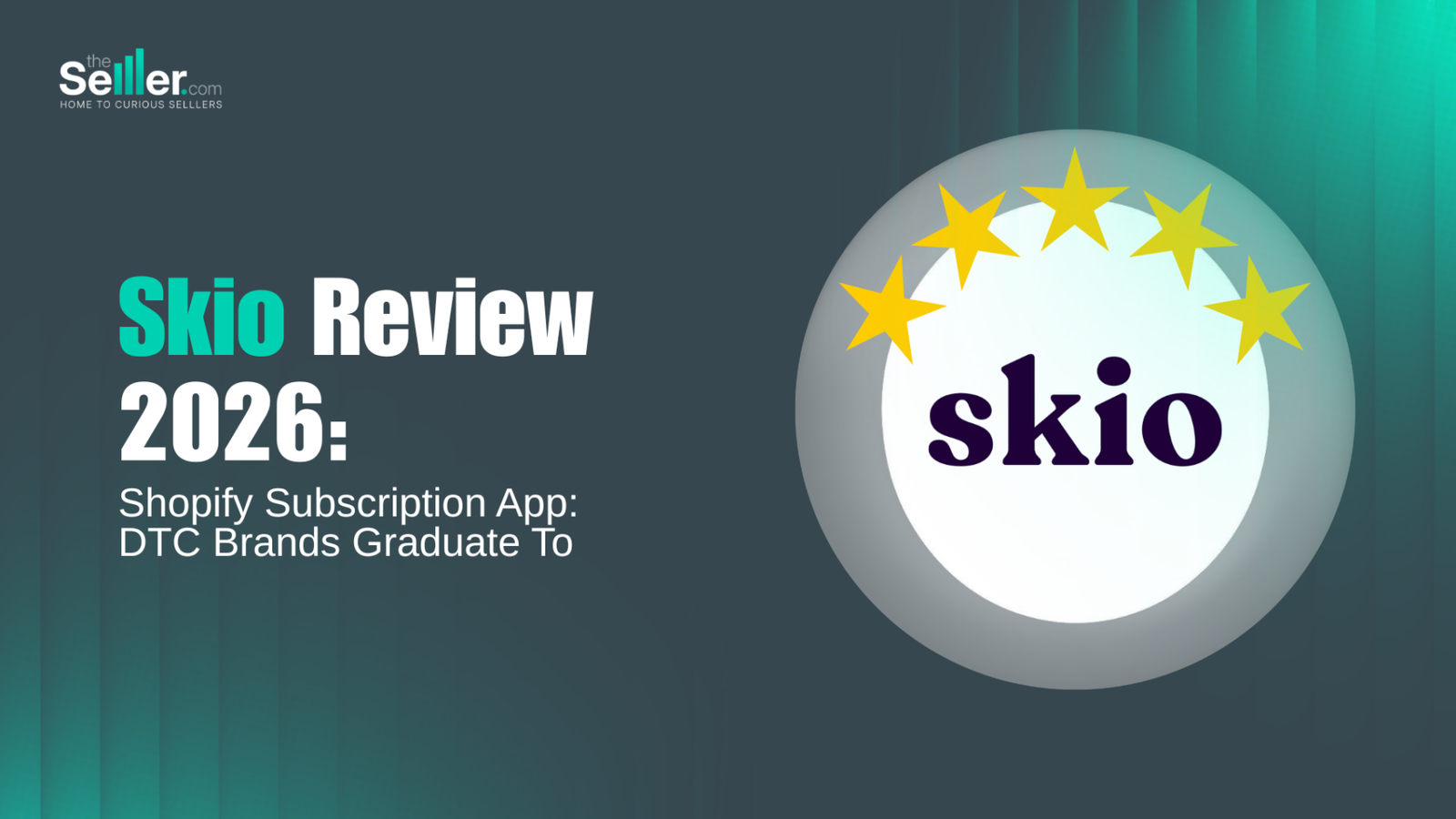 A graphic titled "Skio Review 2026" with a central circular emblem featuring the word "skio" in dark purple, surrounded by five yellow stars, and a dark teal gradient background.