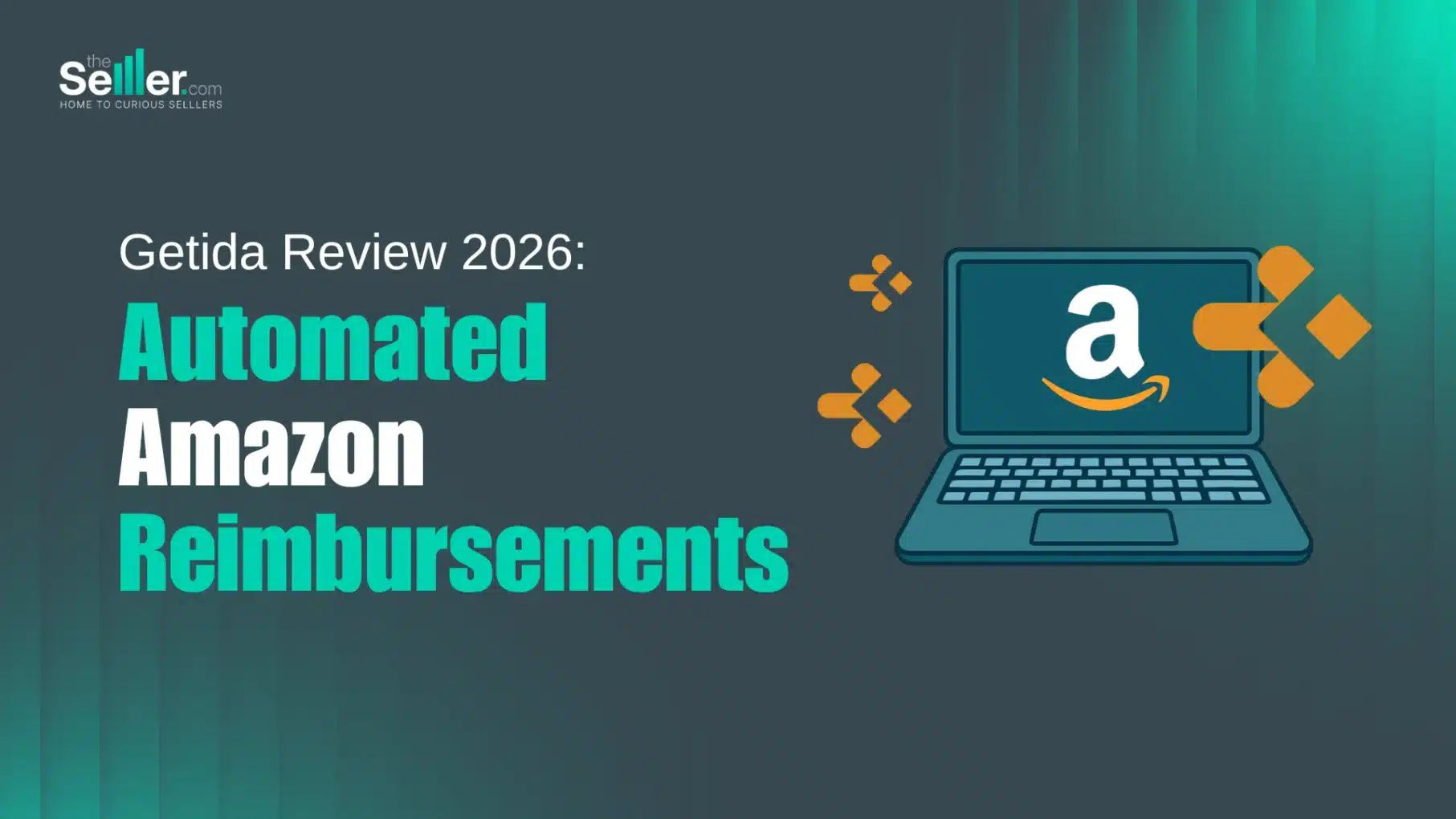 Getida review 2026 graphic with a laptop showing the Amazon logo, for automated Amazon FBA reimbursements