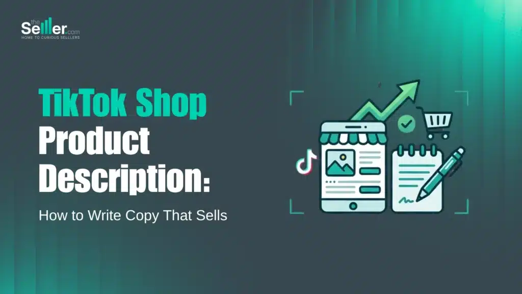 TikTok Shop product description guide showing a mobile product page, writing notepad, and sales growth arrow